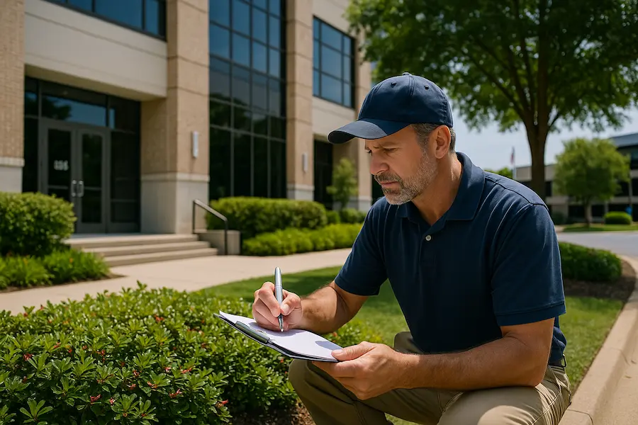 Commercial Landscaping Site Visit Professional conducting a commercial landscaping site visit at a business property.